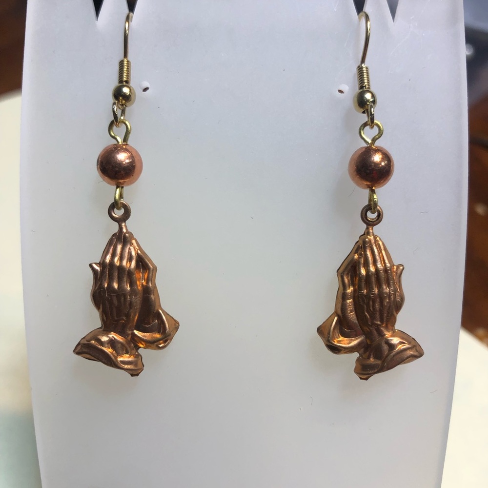 Praying hands 3 D earrings new copper